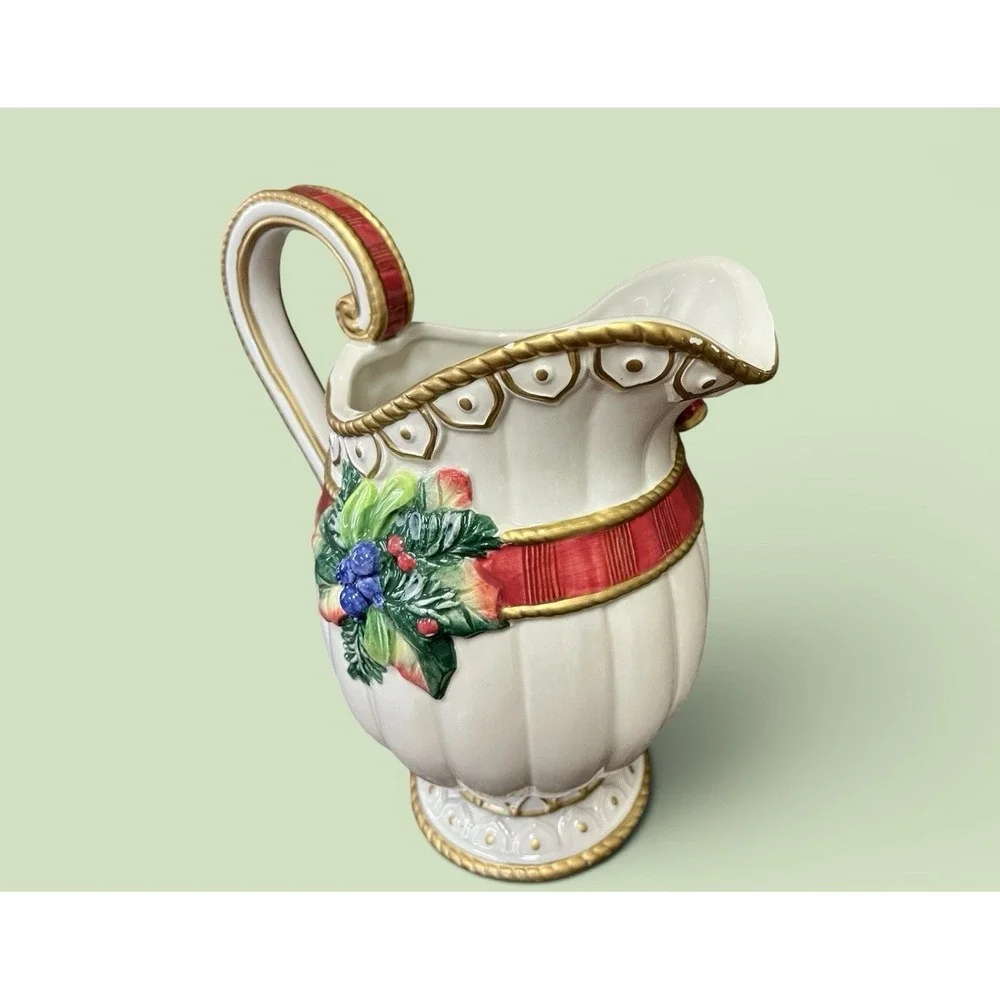 Fitz & Floyd Classics Christmas Deer Bow Bells Serving Pitcher Vase Bells Ribbon